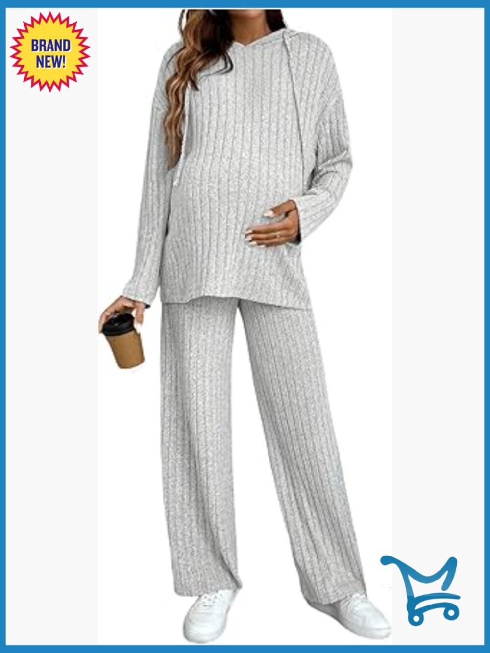 Maternity Lounge Set Ribbed Knit Long Sleeve Hoodie and Pants